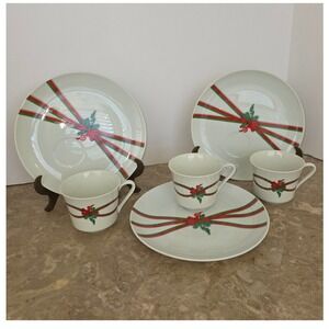 GHC White Ceramic Christmas Ribbon Bow Snack Plate and Teacup Made in Japan x3